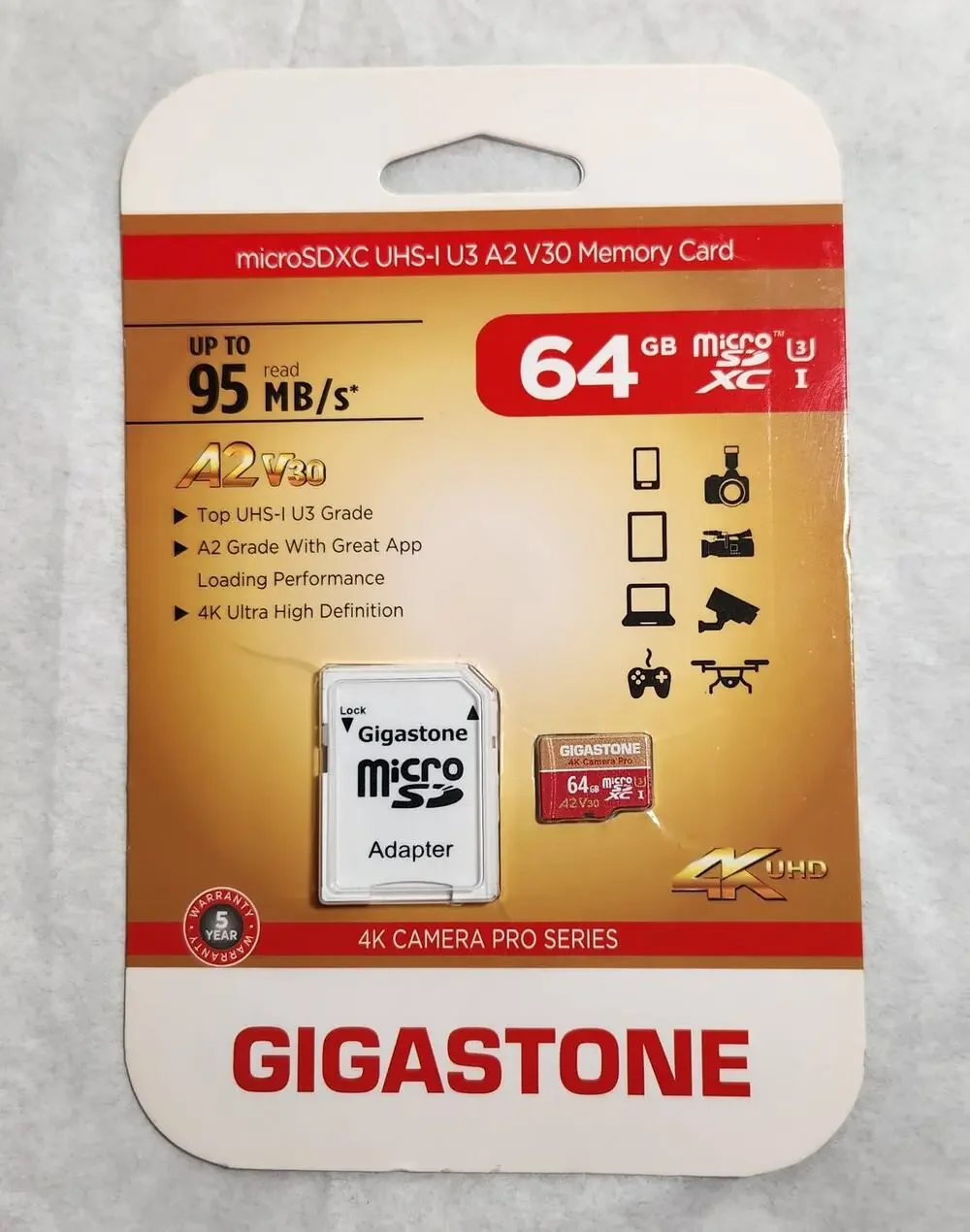 Gigastone Micro SDXC 64GB UHS-1 U3 A2 V30 4K Pro Series Memory Card W /Adapter
